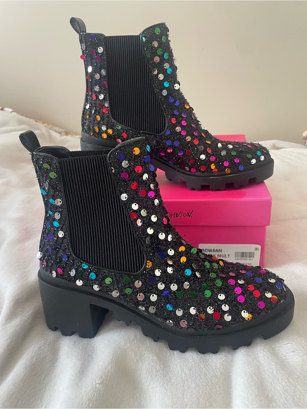 Betsey Johnson Black Sequin Multi-Color Lug Ankle Boots